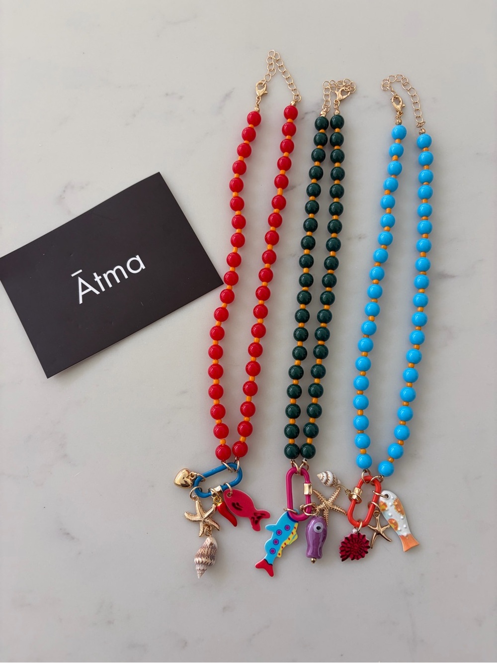 Atma Colorful Beaded Charm Necklace Trio - Red, Forest Green, Turquoise